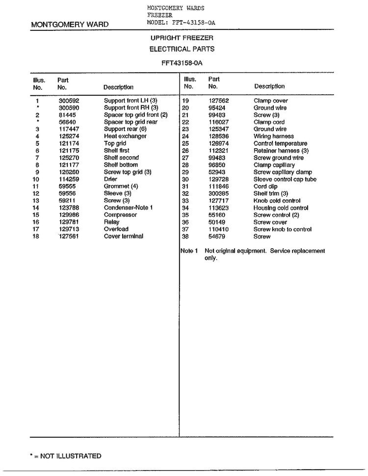 Electrical Parts Page 2 Diagram and Parts List for 43158-OA  Frigidaire Freezer