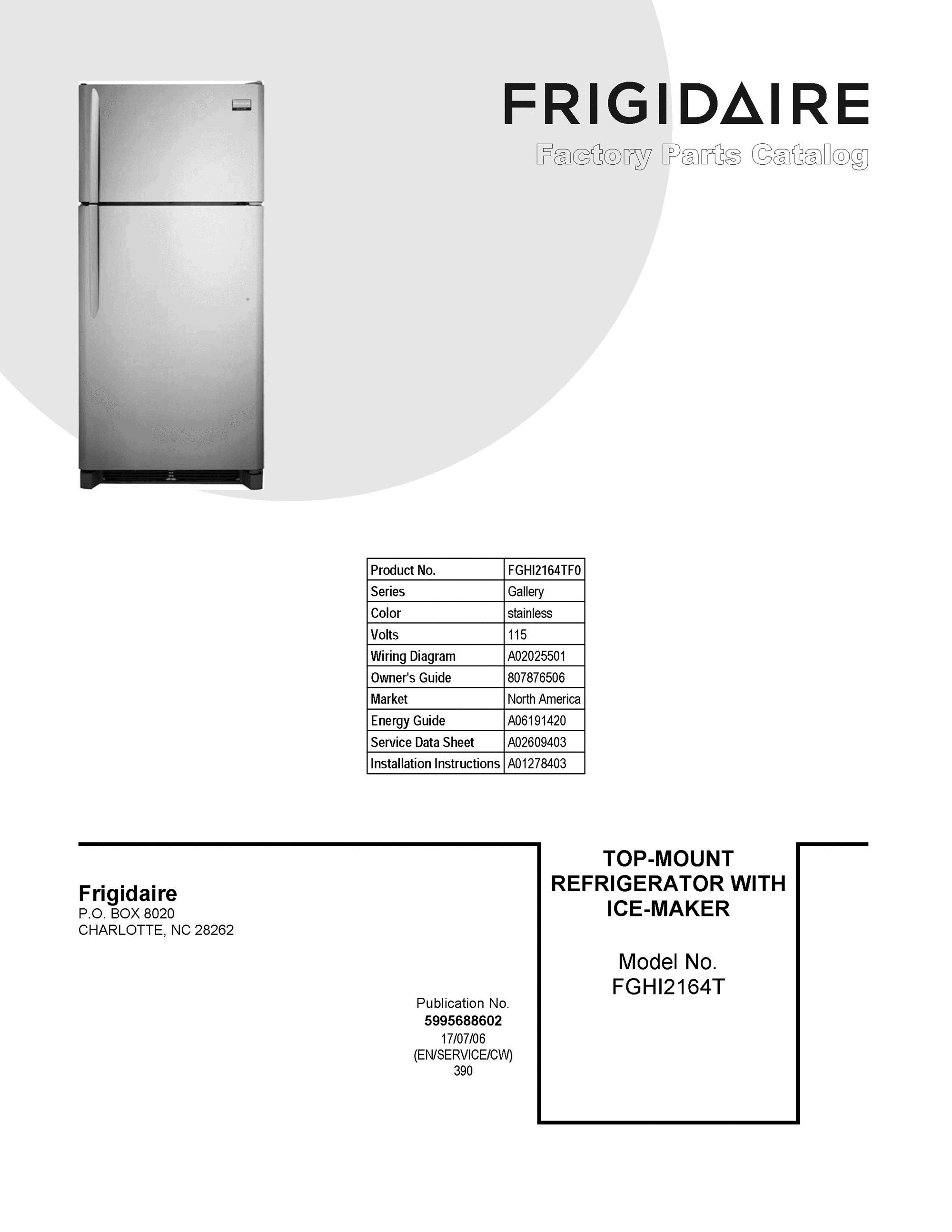 01 - COVER SHEET Diagram and Parts List for FGHI2164TF0  Frigidaire Refrigerator