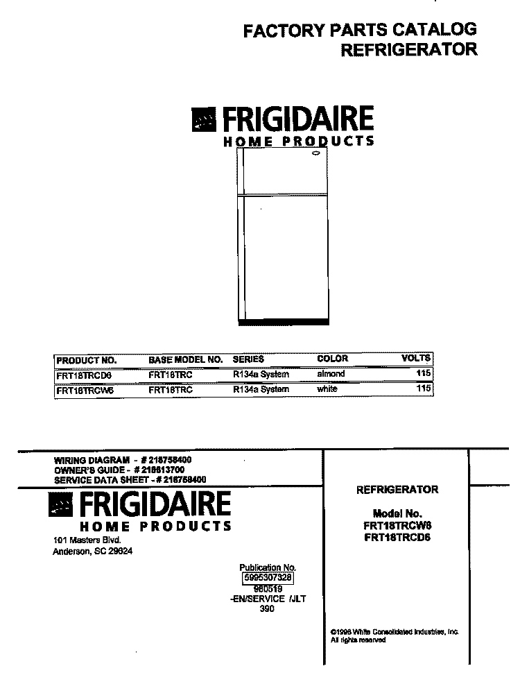 COVER Diagram and Parts List for FRT18TRCW6  Frigidaire Refrigerator