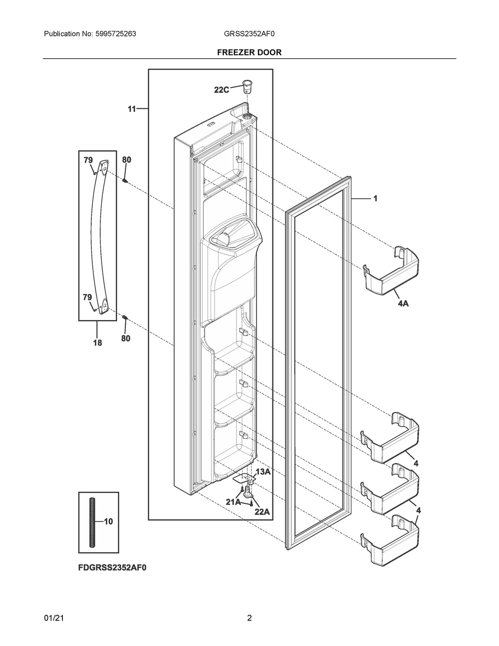 Freezer Door Diagram and Parts List for GRSS2352AF0  Frigidaire Refrigerator