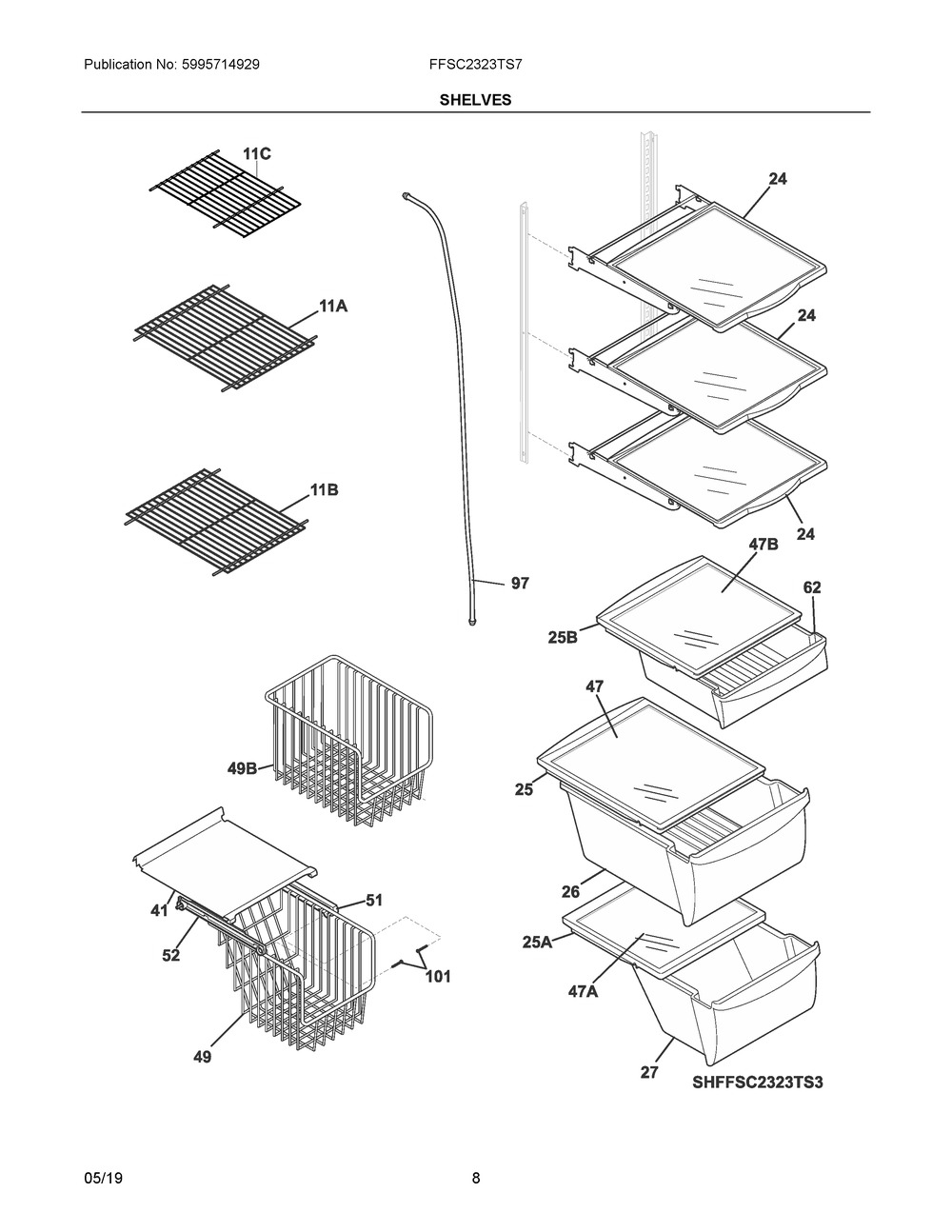 Shelves Diagram and Parts List for FFSC2323TS7  Frigidaire Refrigerator