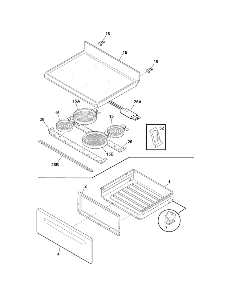 Top/drawer Diagram and Parts List for GNEM30NWNWB  Gibson Range
