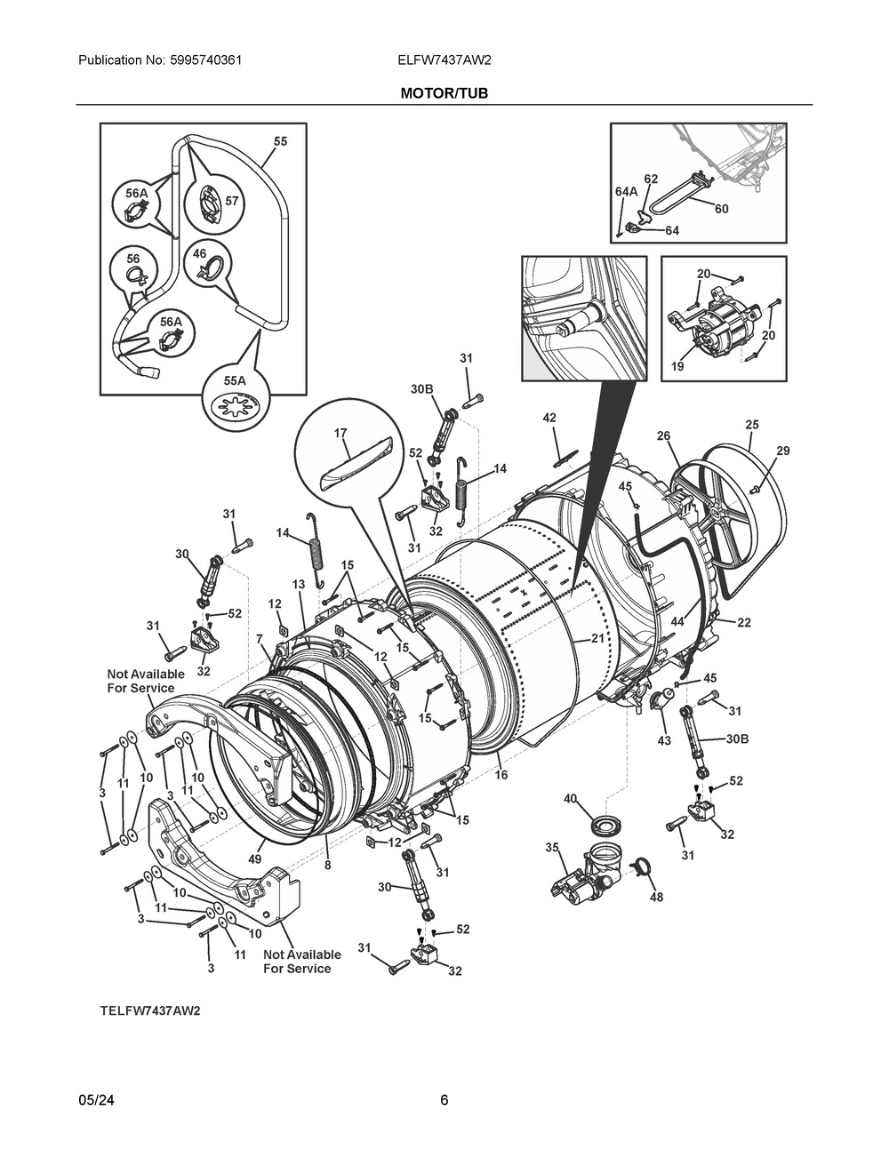 Motor/Tub Diagram and Parts List for ELFW7437AW2  Frigidaire Washer