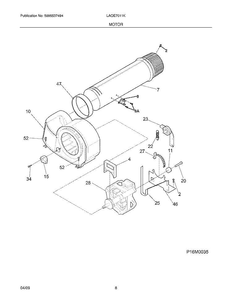 MOTOR Diagram and Parts List for LAQE7011KB0  Frigidaire Dryer