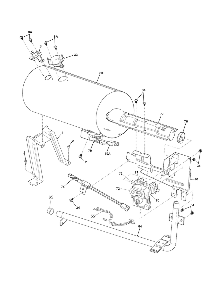 Burner Diagram and Parts List for FASG7073NA2  Frigidaire Dryer