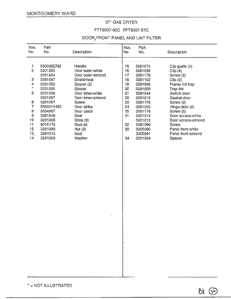 Door/front Panel/lint Filter Page 2 Diagram and Parts List for 8007-80C  Frigidaire Dryer