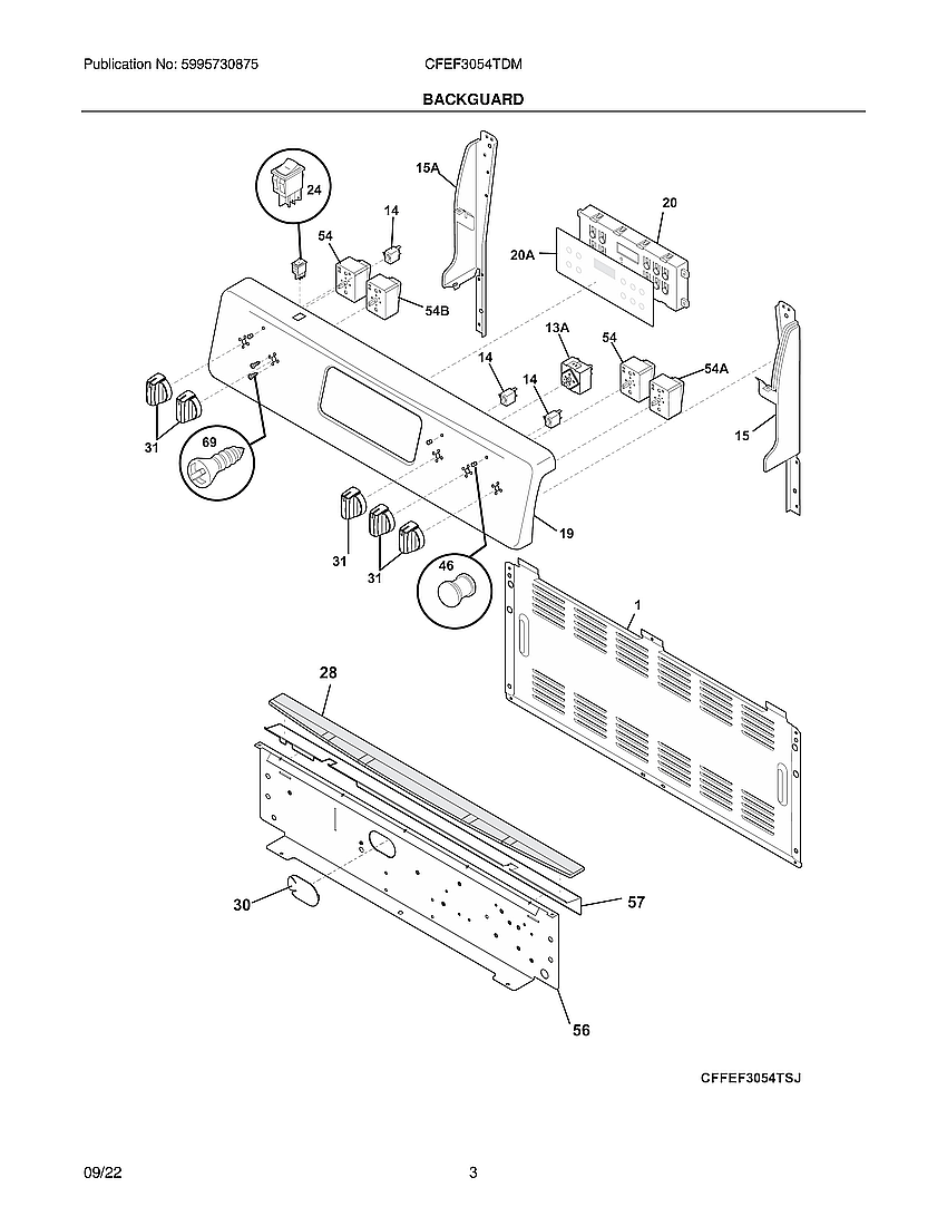 Backguard Diagram and Parts List for CFEF3054TDM  Frigidaire Range