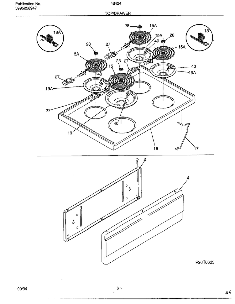Top/drawer Diagram and Parts List for 484240A  Frigidaire Range