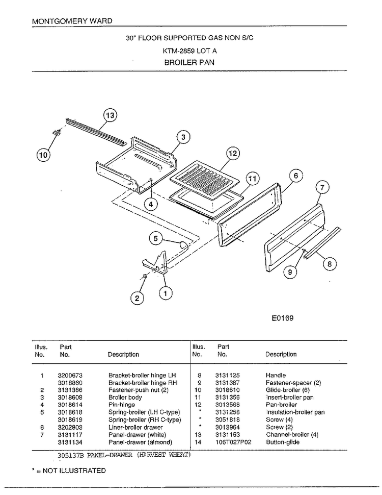 30"floor Supported Gas/broiler Pan Diagram and Parts List for 2859A  Frigidaire Range