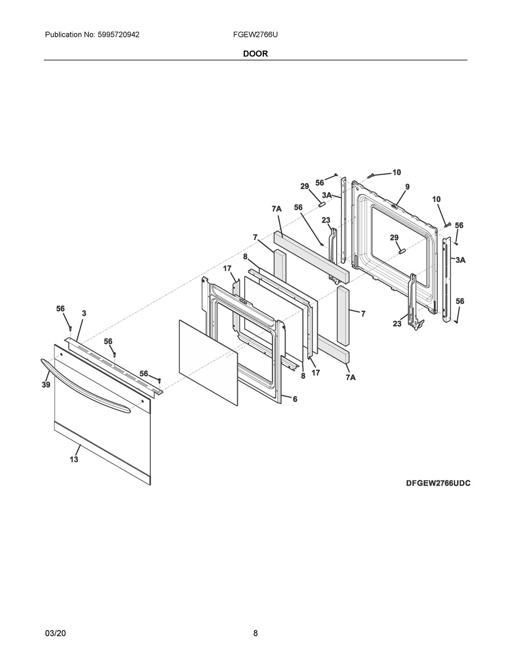 Door Diagram and Parts List for FGEW2766UFC  Frigidaire Range