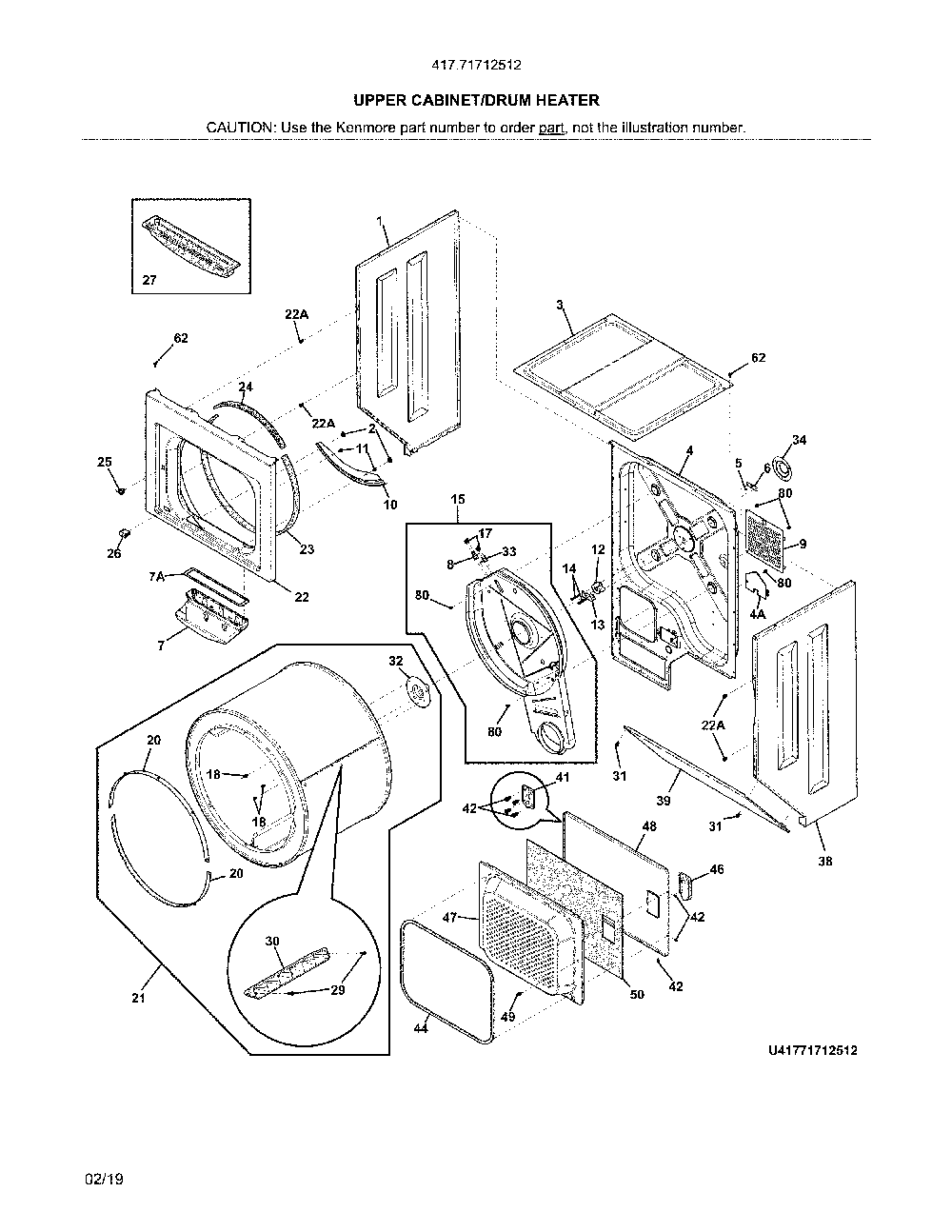 Upper cabinet/drum heater Diagram and Parts List for 41771712512  Kenmore Washer Dryer Combo