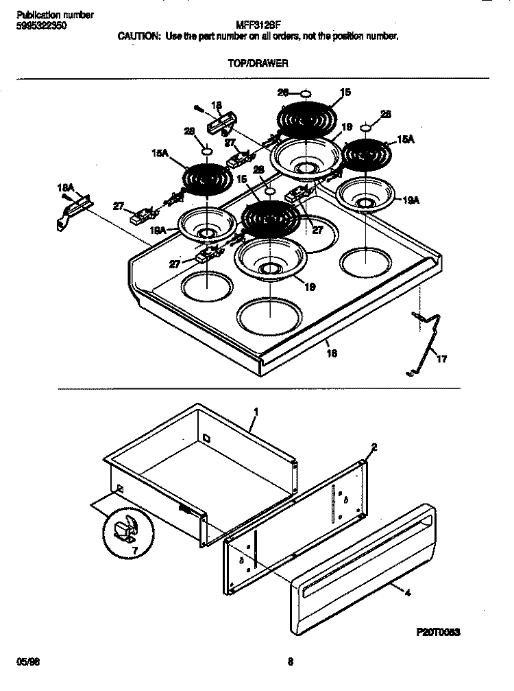 TOP / DRAWER Diagram and Parts List for MFF312BFWB  Frigidaire Range