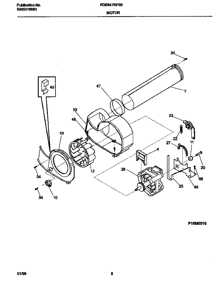 P16M0016 MOTOR, BLOWER Diagram and Parts List for FDE647RFS0  Frigidaire Dryer