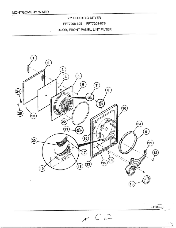 Door/front Panel/lint Filter Diagram and Parts List for 7208B  Frigidaire Dryer