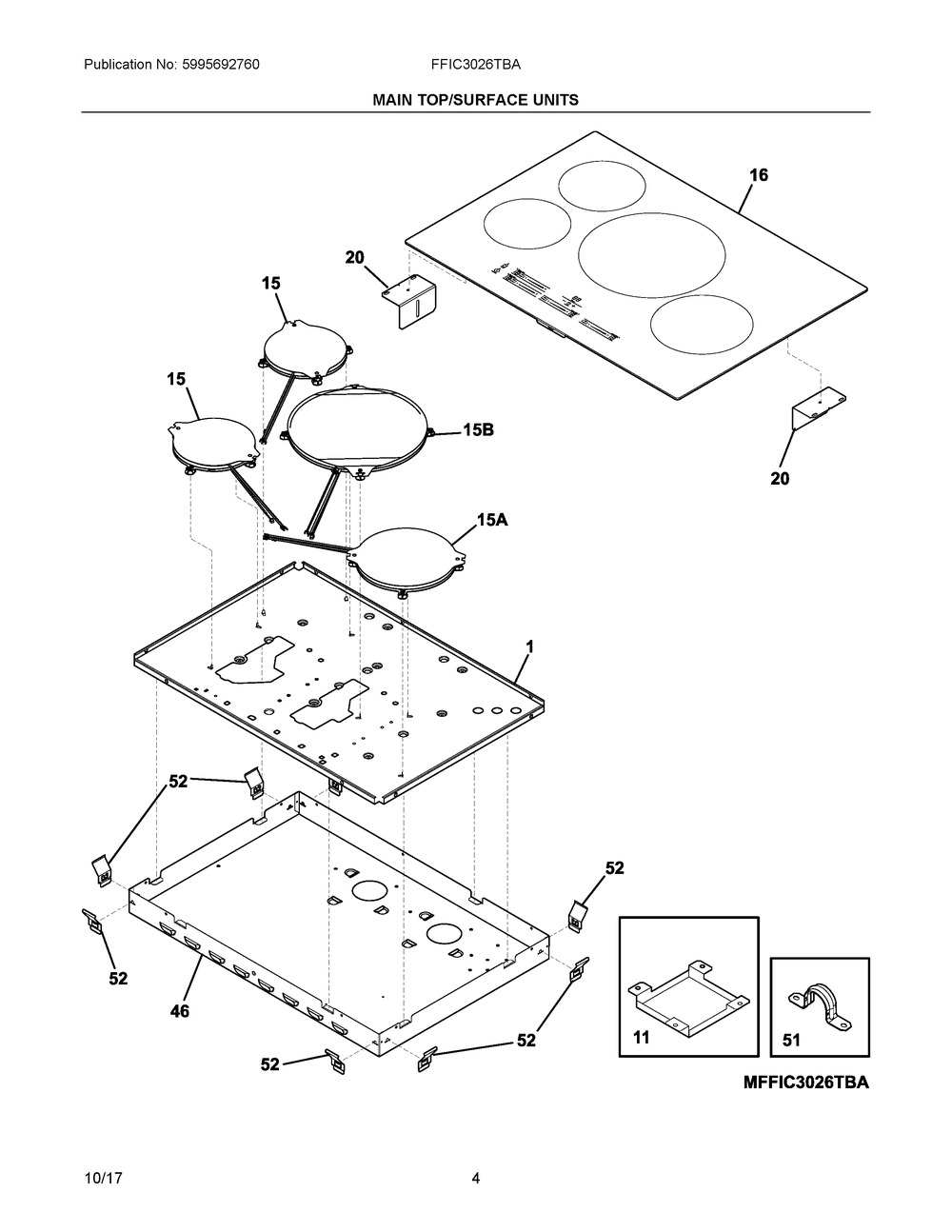 Main Top/surface Units Diagram and Parts List for FFIC3026TBA  Frigidaire Cooktop