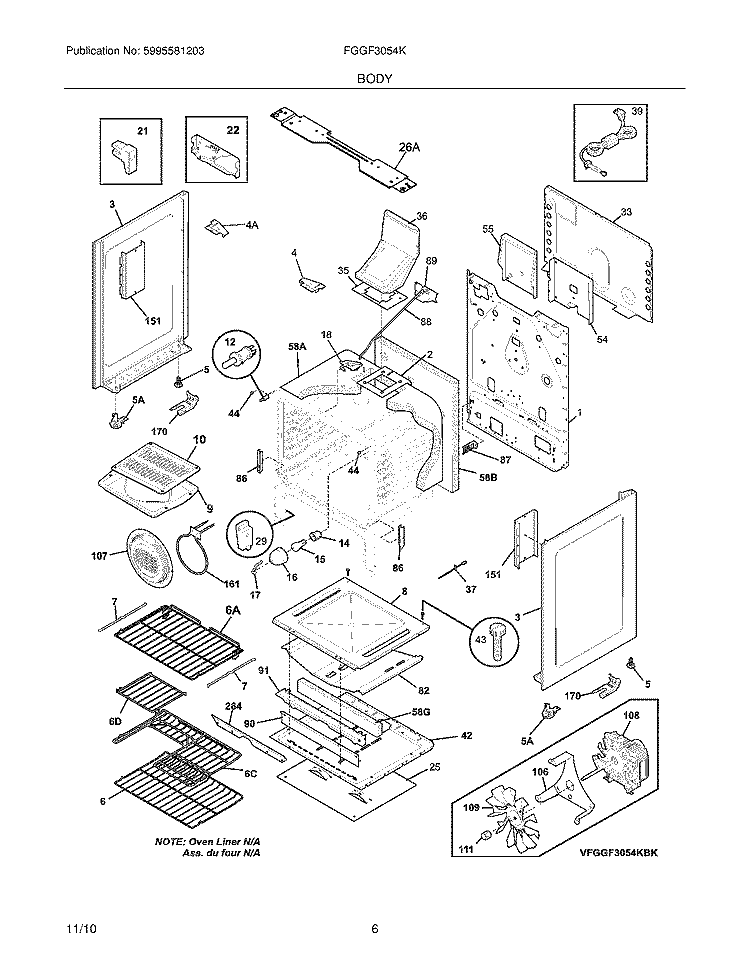 BODY Diagram and Parts List for FGGF3054KBK  Frigidaire Range