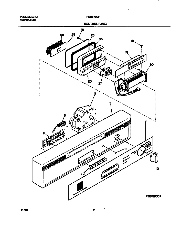 CONTROL PANEL Diagram and Parts List for FDB679GFW5  Frigidaire Dishwasher