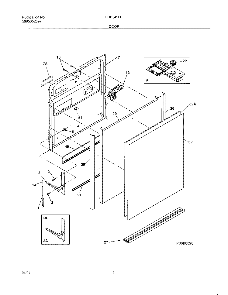 DOOR Diagram and Parts List for FDB345LFS2  Frigidaire Dishwasher