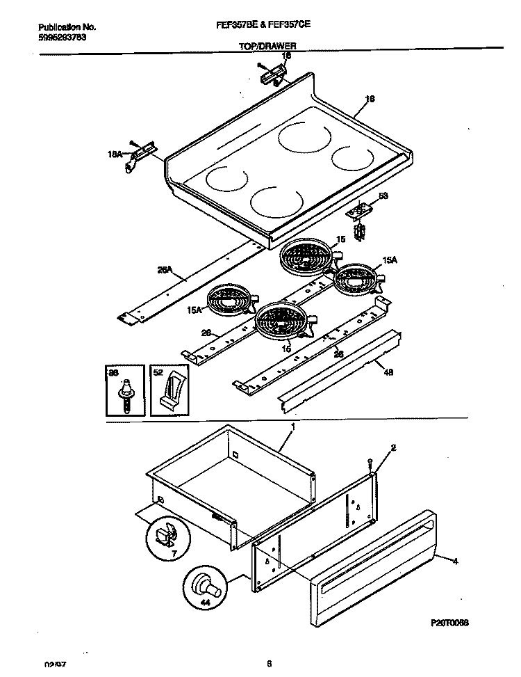 TOP / DRAWER Diagram and Parts List for FEF357CESE  Frigidaire Range