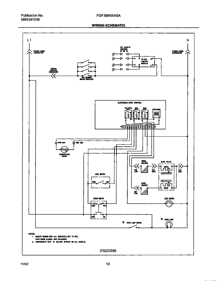 WIRING SCHEMATIC Diagram and Parts List for FGF368MXASA  Frigidaire Range