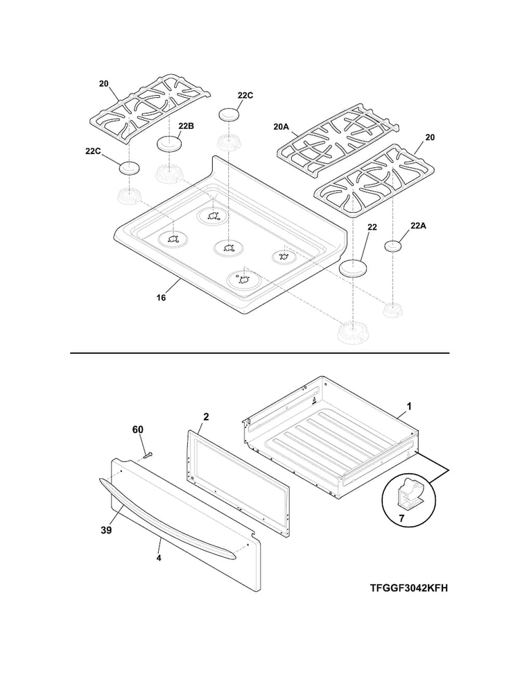 Top/drawer Diagram and Parts List for LGGF3042KFR  Frigidaire Range