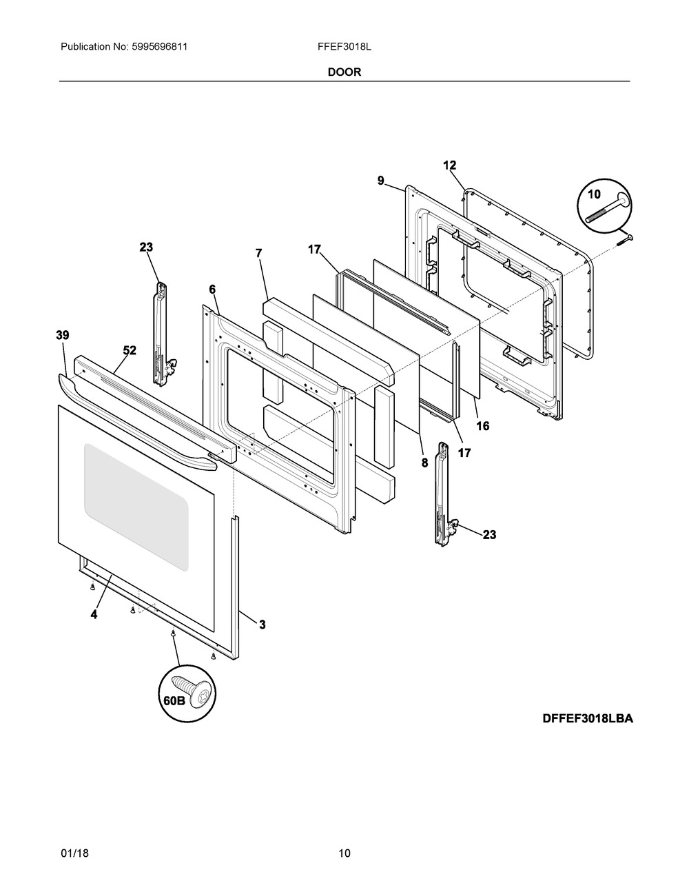 Door Diagram and Parts List for FFEF3018LQH  Frigidaire Range