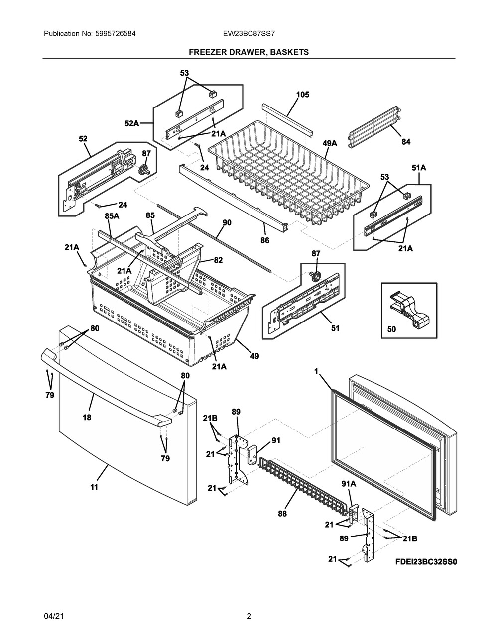 Freezer Drawer, Baskets Diagram and Parts List for EW23BC87SS7  Frigidaire Refrigerator