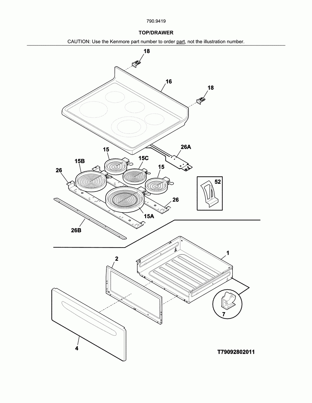 Top/drawer Diagram and Parts List for 79094192314  Kenmore Range