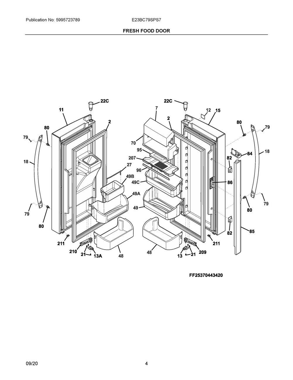 Fresh Food Door Diagram and Parts List for E23BC79SPS7  Frigidaire Refrigerator