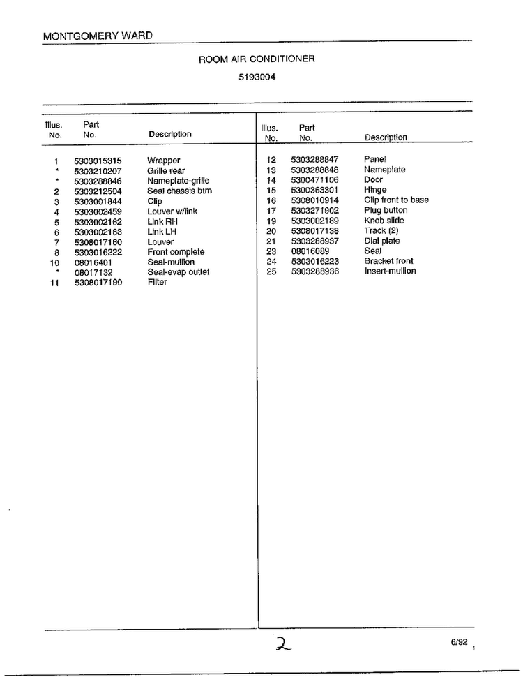 Room Air Conditioner Page 2 Diagram and Parts List for 5193004  Frigidaire Air Conditioner