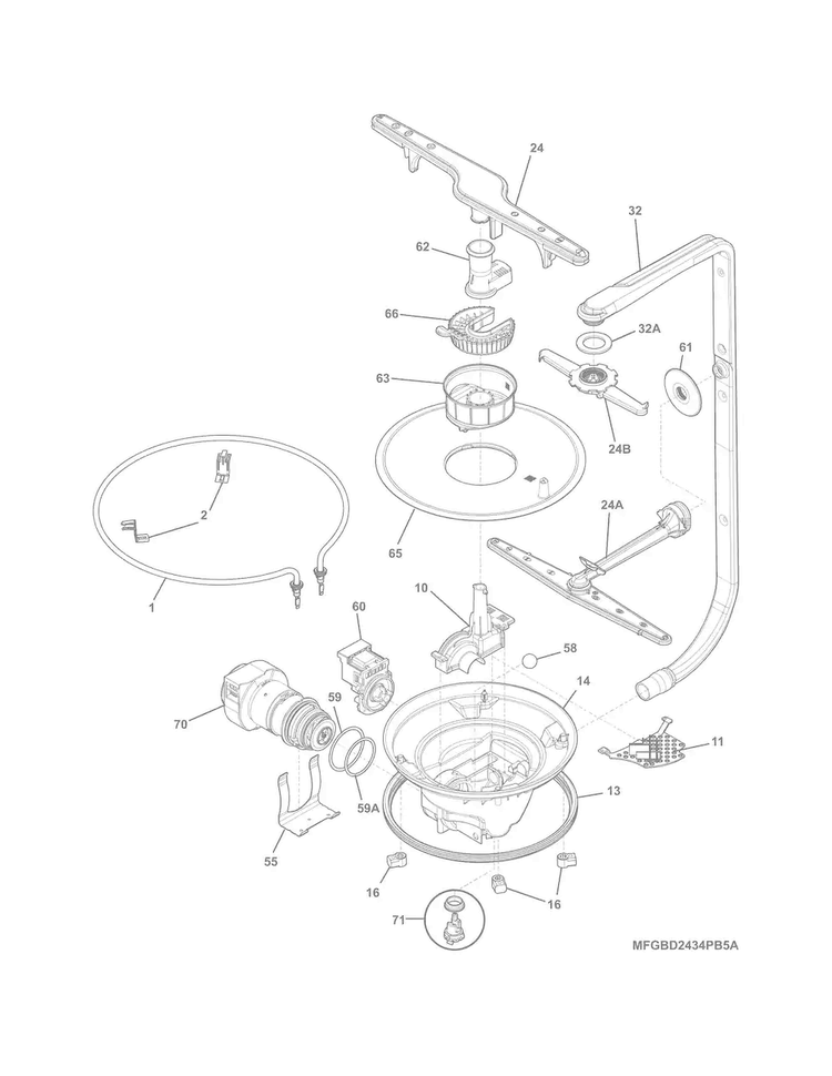 Motor & Pump Diagram and Parts List for FFID2423RS3B  Frigidaire Dishwasher
