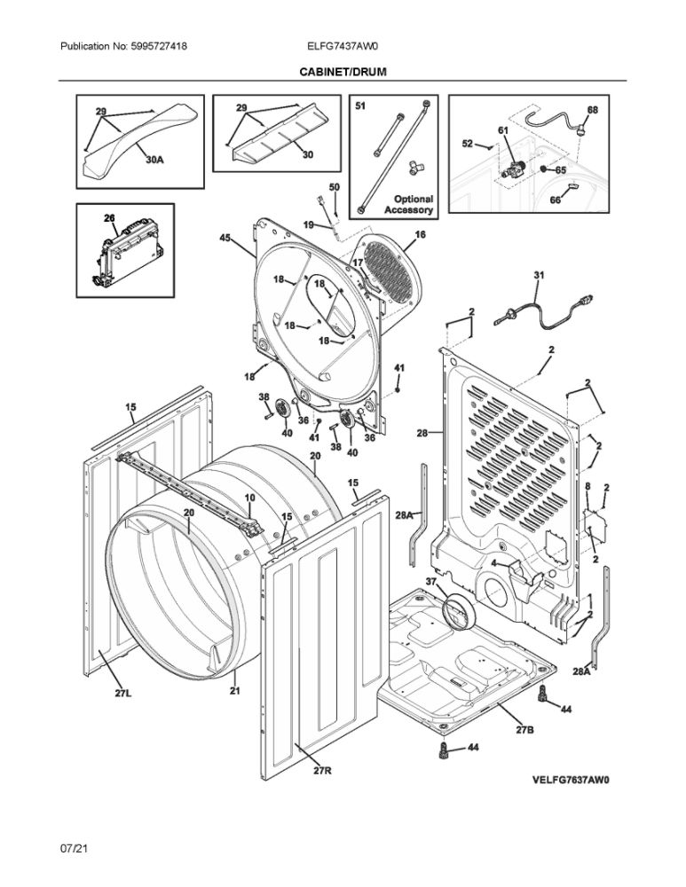 Cabinet/Drum Diagram and Parts List for ELFG7437AW0  Frigidaire Dryer