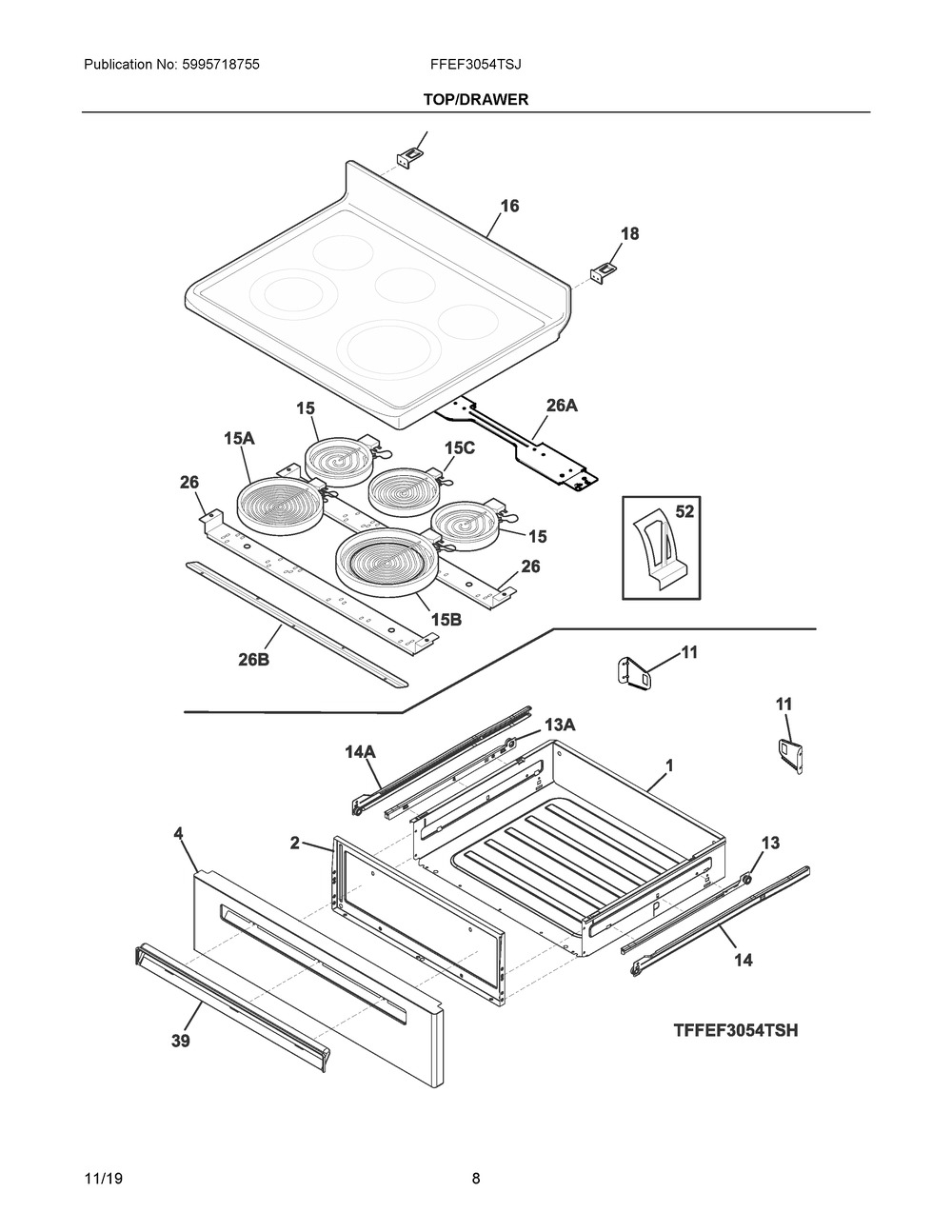 Top/drawer Diagram and Parts List for FFEF3054TSJ  Frigidaire Range