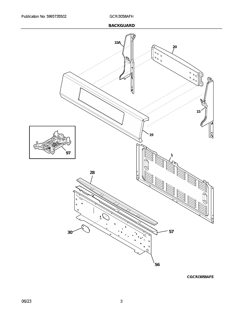 Backguard Diagram and Parts List for GCRI3058AFH  Frigidaire Range