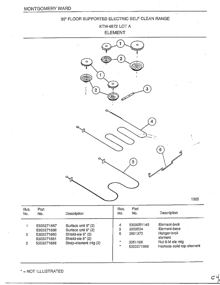 Element Diagram and Parts List for 4872A  Frigidaire Range
