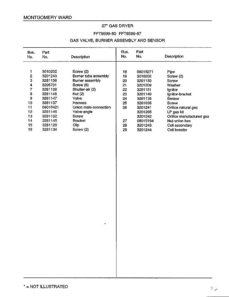Gas Valve/burner Assy And Sensor Page 2 Diagram and Parts List for 8599-87  Frigidaire Dryer