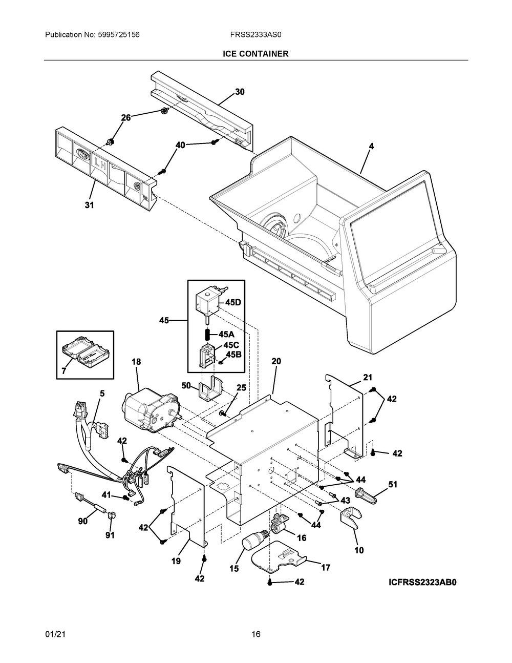 Ice Container Diagram and Parts List for FRSS2333AS0  Frigidaire Refrigerator