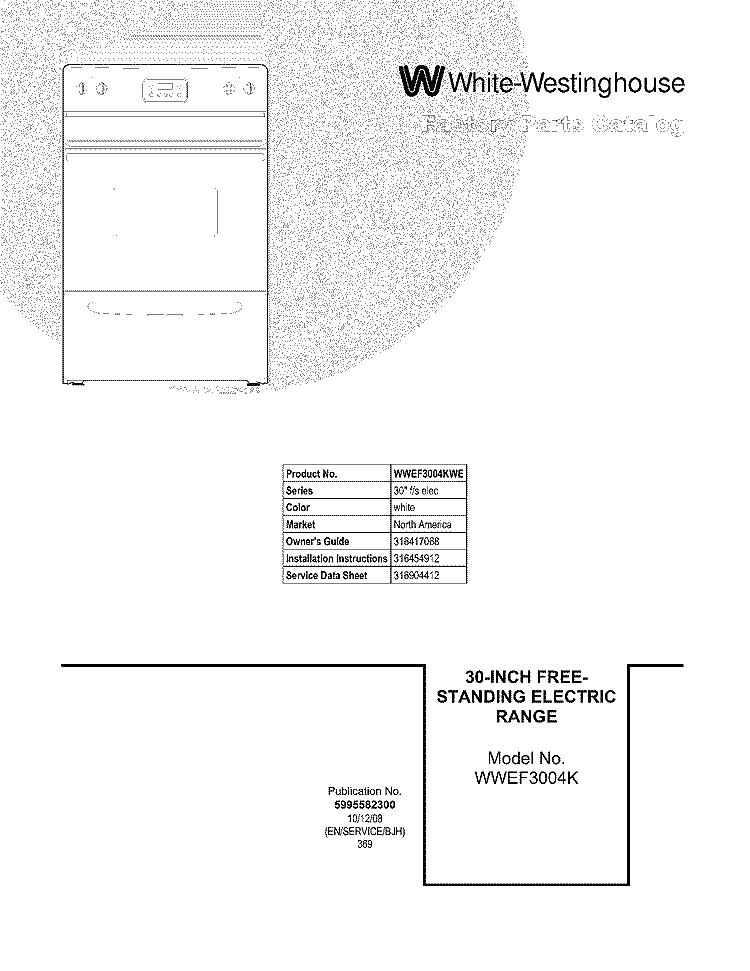 COVER Diagram and Parts List for WWEF3004KWE  Westinghouse Range