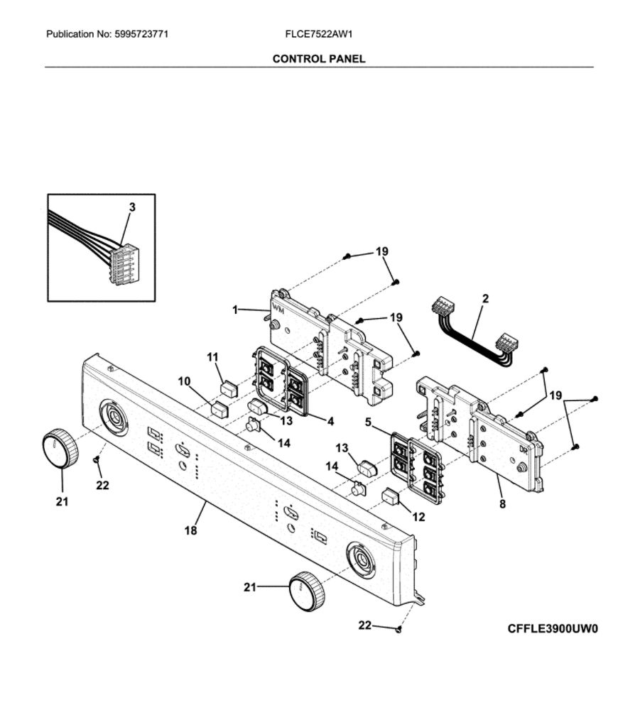 Control Panel Diagram and Parts List for FLCE7522AW1  Frigidaire Washer Dryer Combo