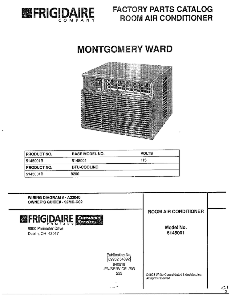 Cover Page Diagram and Parts List for 5145001B  Frigidaire Air Conditioner