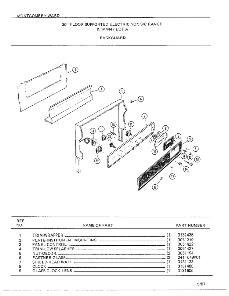 Backguard Diagram and Parts List for 4447A  Frigidaire Range