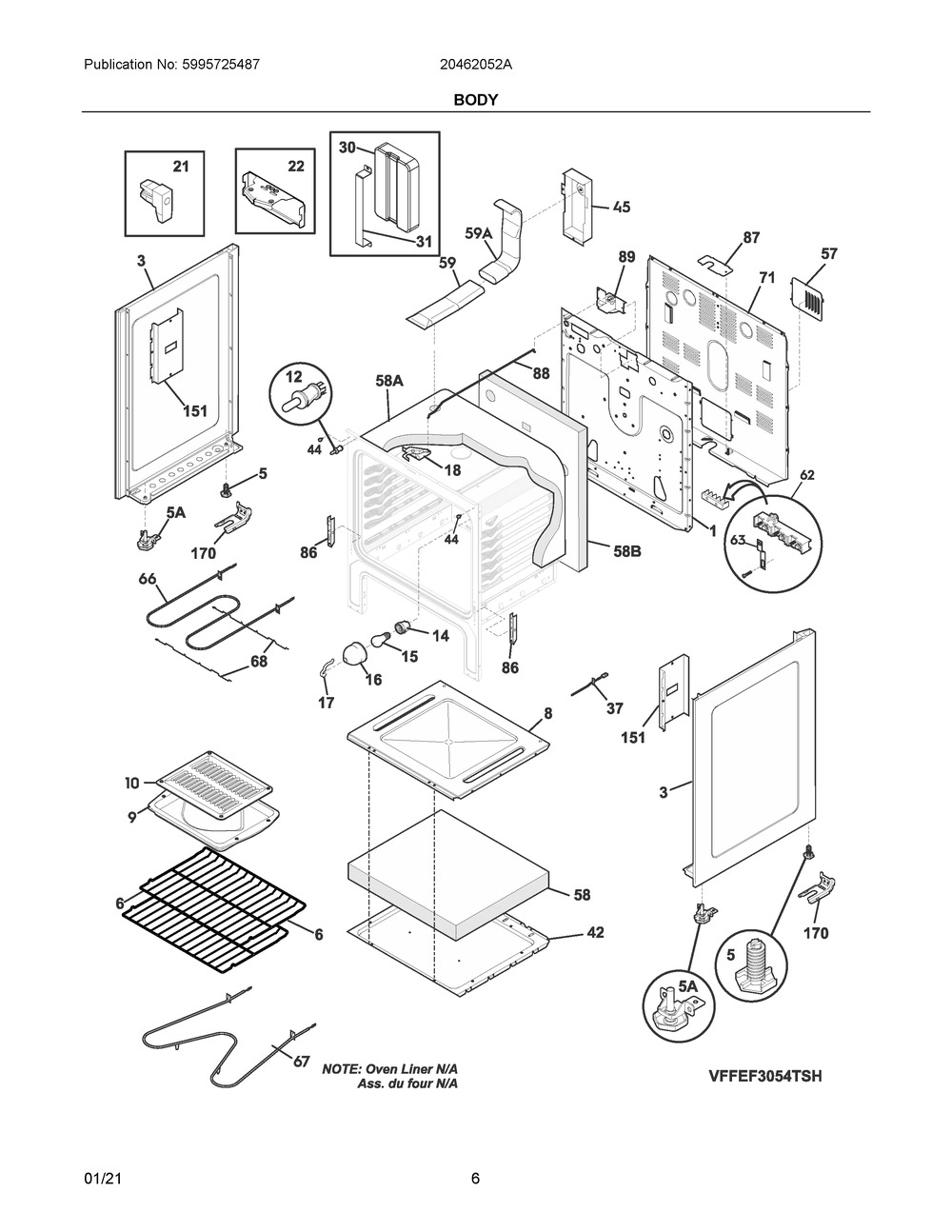 Body Diagram and Parts List for 20462052A  Frigidaire Range