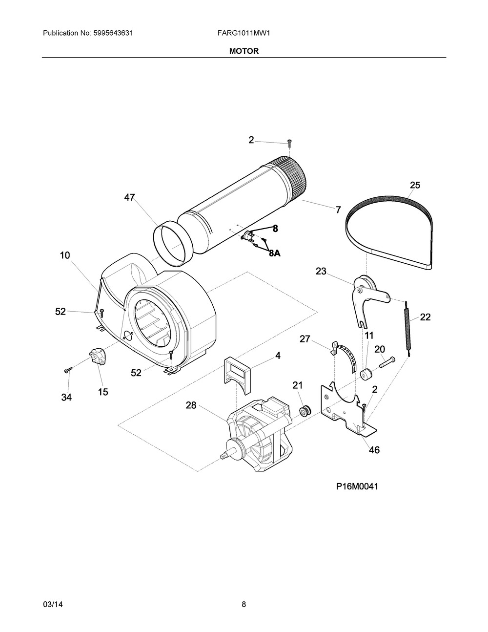 Motor Diagram and Parts List for FARG1011MW1  Frigidaire Dryer