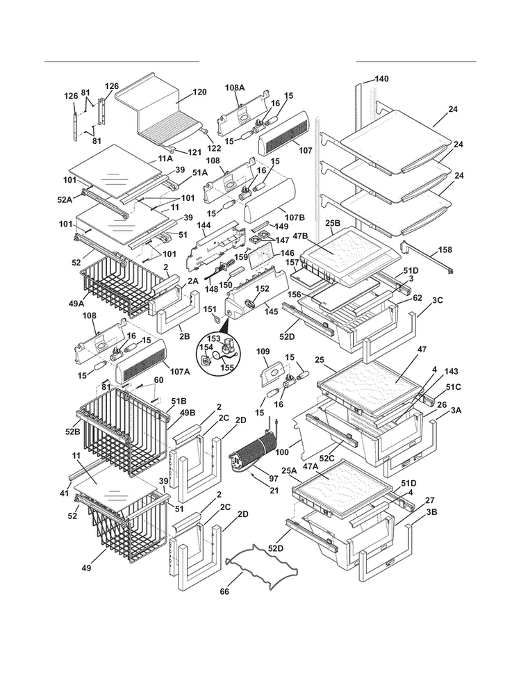 Shelves Diagram and Parts List for EW23CS70IB5  Electrolux Refrigerator