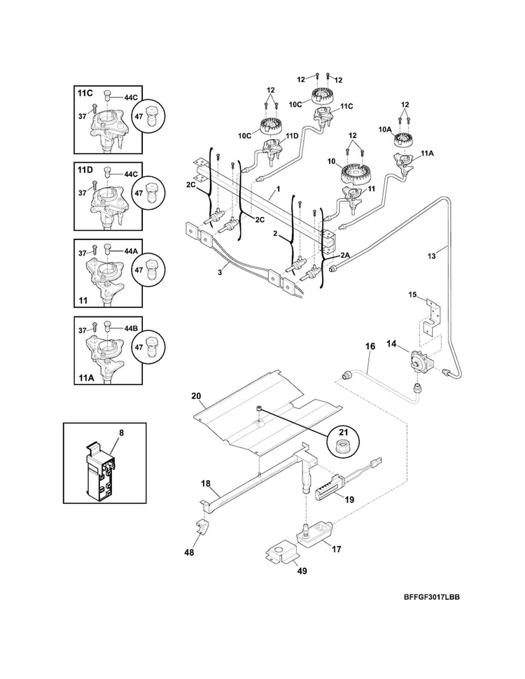 Burner Diagram and Parts List for FFGF3017LWG  Frigidaire Range