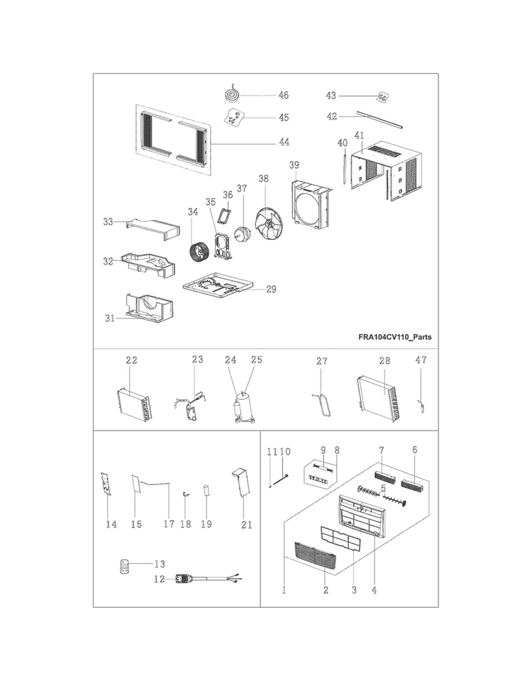 Recommended Spare Parts Diagram and Parts List for FRA104CV110  Frigidaire Air Conditioner