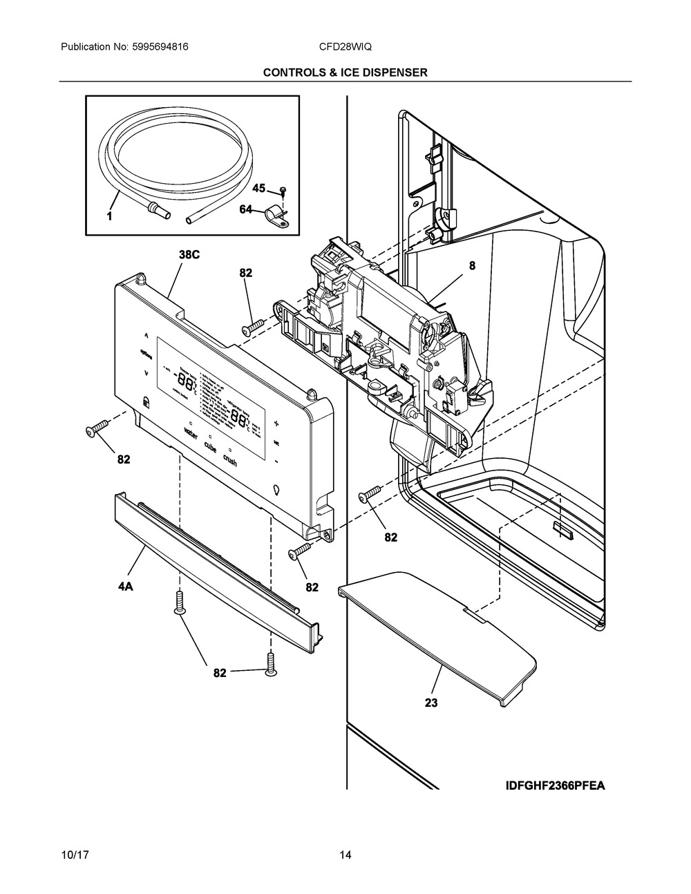 Controls & Ice Dispenser Diagram and Parts List for CFD28WIQSE  Frigidaire Refrigerator