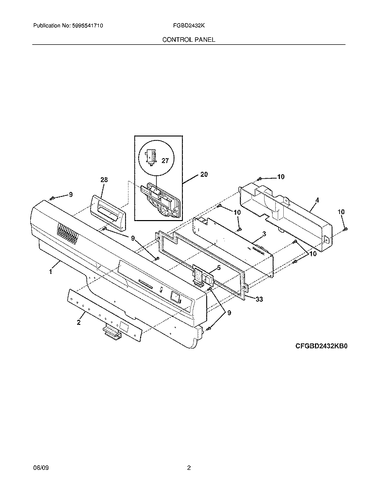 CONTROL PANEL Diagram and Parts List for FGBD2432KF0  Frigidaire Dishwasher