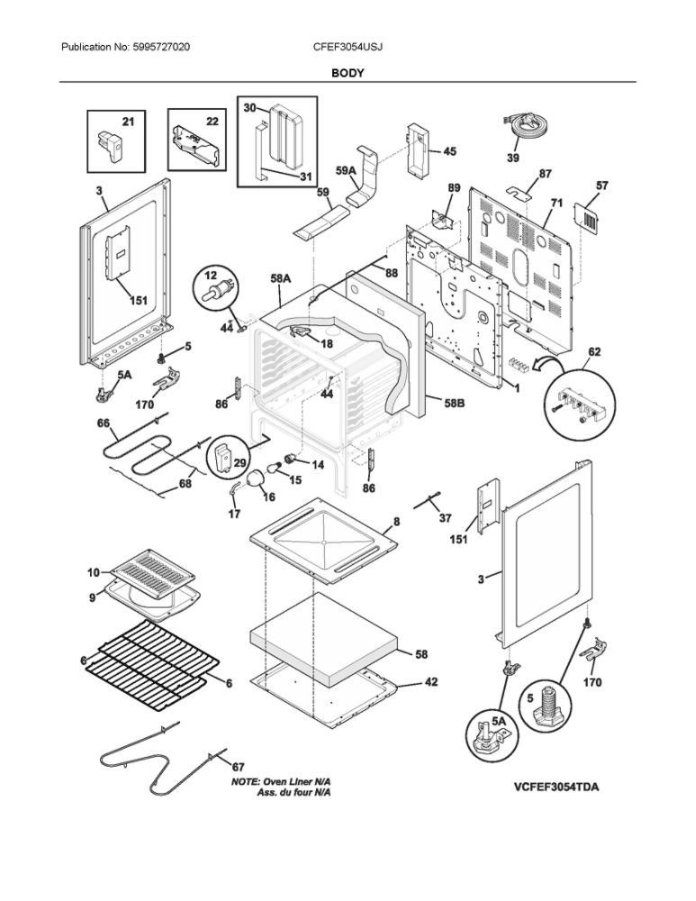 Body Diagram and Parts List for CFEF3054USJ  Frigidaire Range