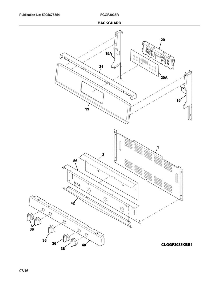 Backguard Diagram and Parts List for FGGF3035RWB  Frigidaire Range